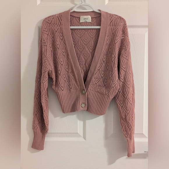 Wilfred Aritzia Pointelle Knit Wool Cotton Blend Cropped Cardigan Pink Sz M NWOT - Picture 2 of 11